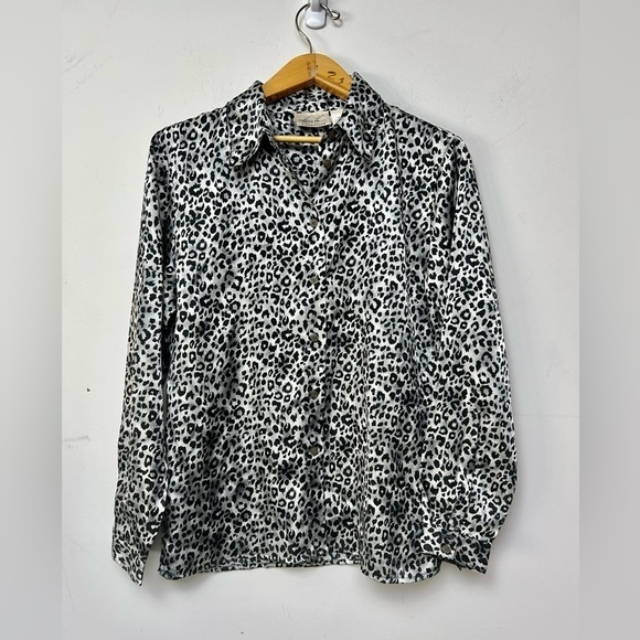 VTG Y2K KATHIE LEE 12 COLLECTION ANIMAL PRINT BUTTON DOWN SATIN BLOUSE TOP Luxe - Picture 1 of 7
